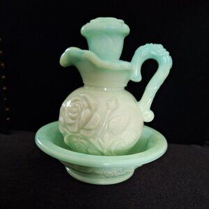VTG Avon Jadeite Green Milk Glass Pitcher W/Stopper & Bowl Skin So Soft 5 inches
